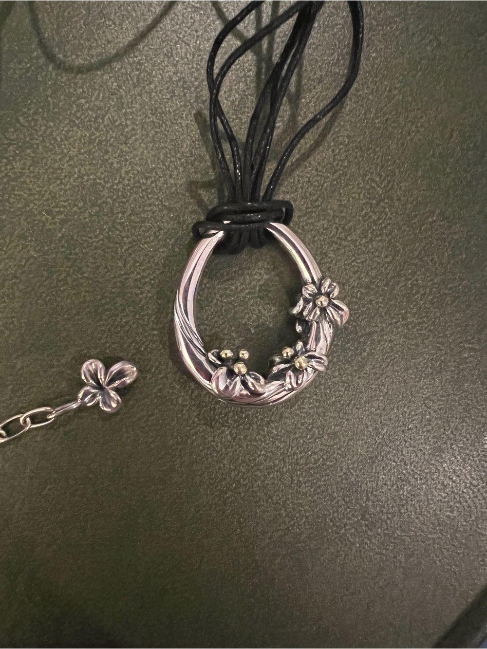 Vintage Ann King 18K and Sterling Floral Pendant on 24 Inch Leather Cords